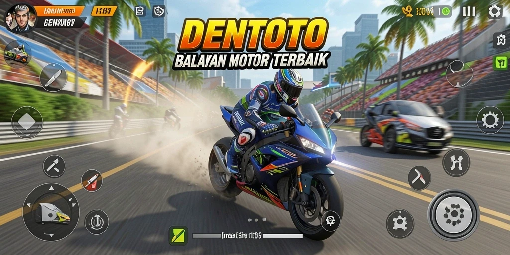 Gambaran gameplay seru DENTOTO dalam balapan motor.