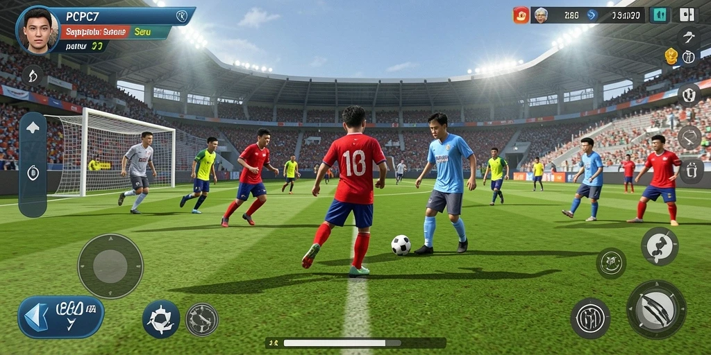 Tampilan gameplay PCPC7 dengan aksi sepak bola seru.