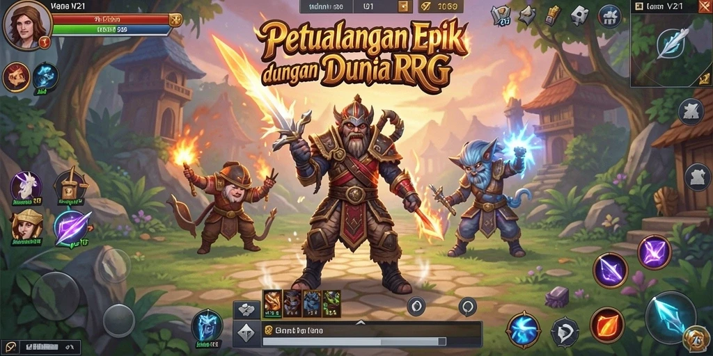 Screenshot gameplay V21 menunjukkan pertarungan epik dalam dunia RPG.